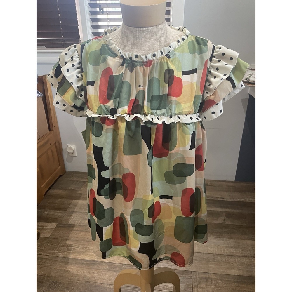 Retro Midcentury Modern Shein Curve Geometric Green Black Yellow Peasant Top 4X